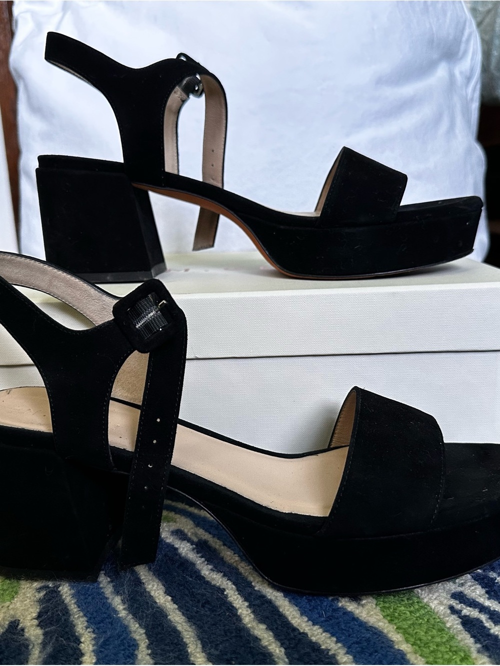 Black Suede Platform Block Heel Sandals with Ankle Strap